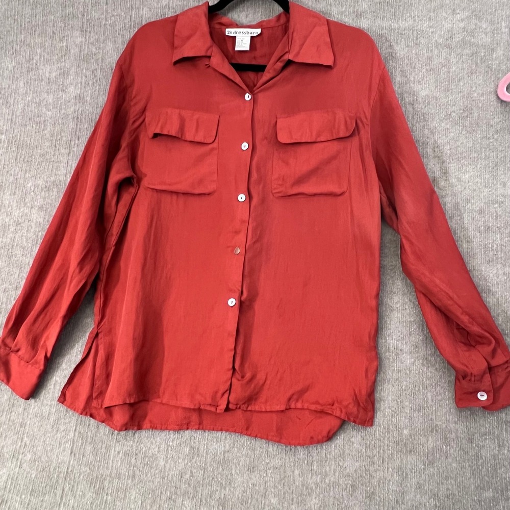 Dressbarn Silk Button-Up Blouse Top Long‎ Sleeve Pockets Rust Red Medium